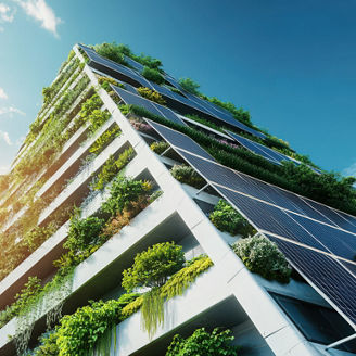 A tall building with a green roof and a lot of plants