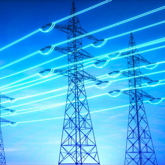 High voltage transmission towers with glowing wires against blue sky - Energy concept - 3D illustration