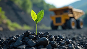 Green sprout growing on pile of coal with blurred mining truck. New life emerges. Concept of sustainable mining, green growth, ecology and environmental responsibility industrial transformation.