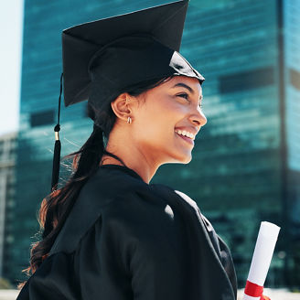 City, graduation and thinking with woman student outdoor for celebration or education event. Certificate, future and scholarship with smile of college or university graduate downtown for milestone.