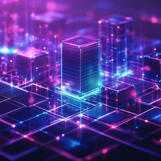 Futuristic digital cityscape with glowing skyscrapers and vibrant neon lights.