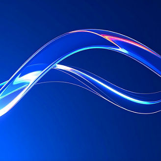 3d abstract liquid glass transparent ribbon wave line on dark blue background. Render gradient water tape, fluid flow curve shape with flare and light refraction on neon black bg.crystal, curve, effec
