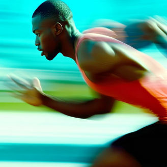 Young Black male runner in mid-stride, athletic build, intense focus. Profile view with motion blur, vibrant teal and green tones. Cinematic, high-contrast image capturing speed, energy, and active li