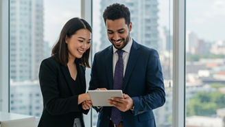 Two happy professional business people team Asian woman and Latin man workers working using digital tablet tech discussing financial market data standing at corporate office meeting.