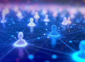 AI-powered networking tool visualizes digital connections, professional growth. High-end lead generation, human relationship building platform. Modern corporate partnership virtual communication