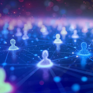 AI-powered networking tool visualizes digital connections, professional growth. High-end lead generation, human relationship building platform. Modern corporate partnership virtual communication