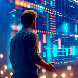 A person analyzes colorful data visualizations on a large screen, surrounded by ambient lighting, indicating a tech or business environment.