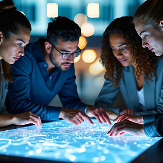 Diverse team collaborates around glowing futuristic table. People use digital interface for planning project strategy, discussing data analysis and seeking solutions together.
