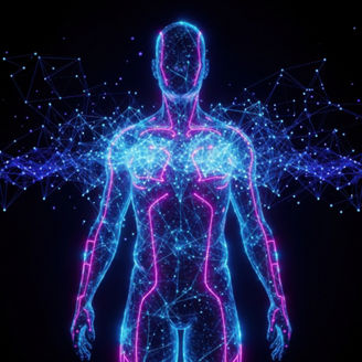 Glowing human body with neon blue and pink light trails on black background