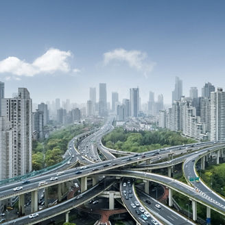 city interchange in shanghai, elevated road junction and bule sky