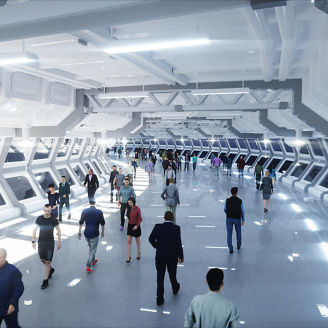 3d people in Sci fi tonnel. Traffic. Concept of future.