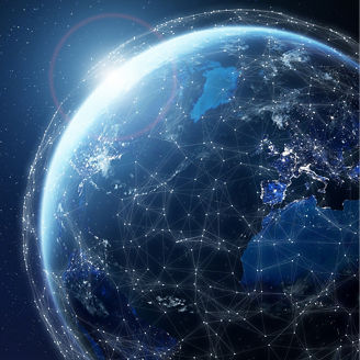 Global telecommunication network around the World with connections between data centers or satellites. Planet Earth from space, concept for connected internet, IoT, blockchain, elements from NASA