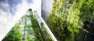 green city - double exposure of lush green forest and modern skyscrapers windows