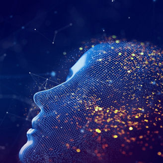 Big data and artificial intelligence concept. Machine learning and cyber mind domination concept in form of women face on dark blue technology background, 3d illustration.