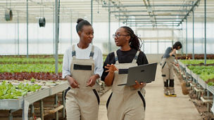 Two women talking in a greenhouse