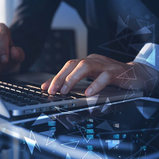 Digital technology, big data, global business concept. Businessman working on laptop and digital tablet with internet network, cloud computing, futuristic technology background