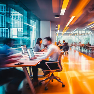 Bright business workplace with people in walking in blurred motion in modern office space 