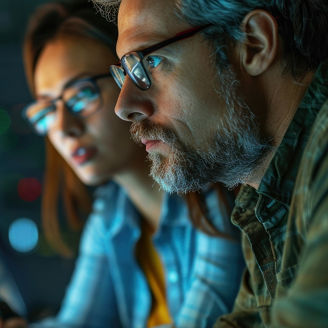 A duo of engineers scrutinizing code on laptop searching for errors as a team of developers collaborate on an AI cloud computing project --ar 16:7 --stylize 250 Job ID: 4ef5ac77-e1f9-4930-af86-2dfc34d3e75b