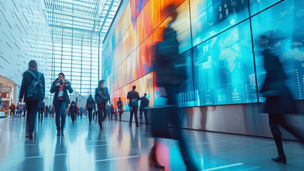 Fast movement and blurred business people in A bustling corporate lobby with business professionals networking, exchanging ideas beside a digital interactive wall displaying real-time market analytics