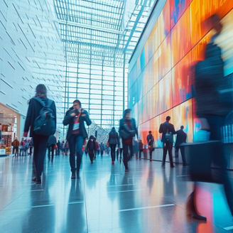 Fast movement and blurred business people in A bustling corporate lobby with business professionals networking, exchanging ideas beside a digital interactive wall displaying real-time market analytics