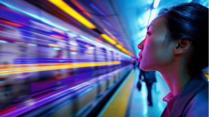   A woman stands at a train station, her gaze fixed on a blurred train image on the wall behind her. . 