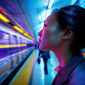   A woman stands at a train station, her gaze fixed on a blurred train image on the wall behind her. . 
