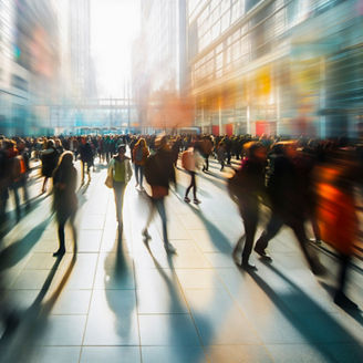 Crowded public place with people passing by, traffic flow motion blur effect illustration.