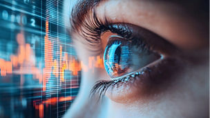 A stock market chart is seen behind an eye, with digital lines and charts moving in the background, representing data technology and financial trading