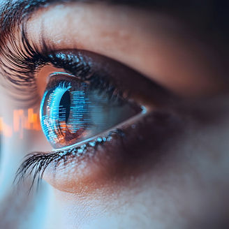 A stock market chart is seen behind an eye, with digital lines and charts moving in the background, representing data technology and financial trading