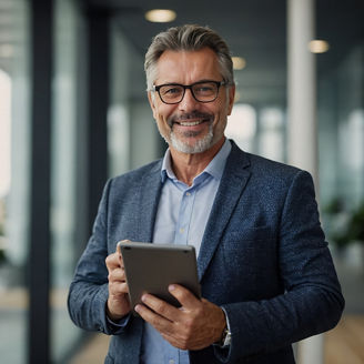 Portrait of happy 50 years old business man executive standing in office using digital tablet. Middle aged businessman manager business owner working on professional finances project looking at camera