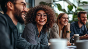 Group of colleagues engaging in a discussion during a business meeting in a conference room. Happy business people, men and women