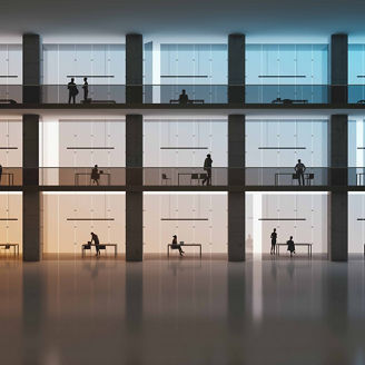 Backlit people working in their cubicles, all objects in the scene are 3D