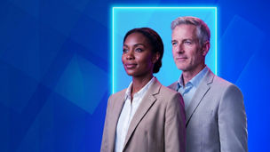 A woman and a man are looking ahead