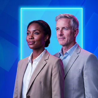 A woman and a man are looking ahead