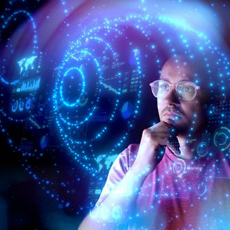 A pensive man looking at a shape with a blue background