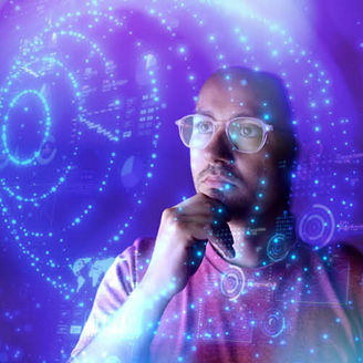 A pensive man looking at a shape with a blue background