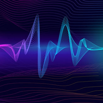 Abstract waveform made of thin multicolored lines in shades of pink, purple, and blue on a dark gradient background with curved horizontal lines