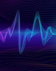 Abstract waveform made of thin multicolored lines in shades of pink, purple, and blue on a dark gradient background with curved horizontal lines
