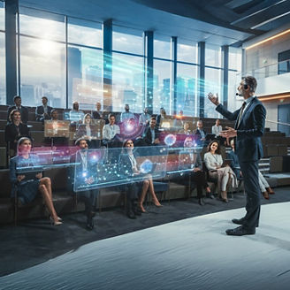 A 3D rendering of digital brain in front of a male holding tablet