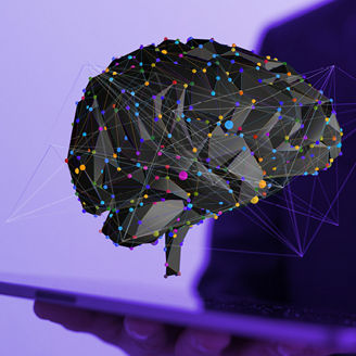 A 3D rendering of digital brain in front of a male holding tablet