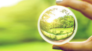 Looking through lens at green fields and trees