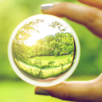 Looking through lens at green fields and trees