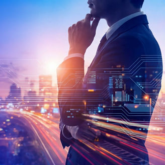 Side profile of a man in a suit with a hand resting on the chin, overlaid with digital interface graphics against a blurred city skyline and illuminated roadway at dusk