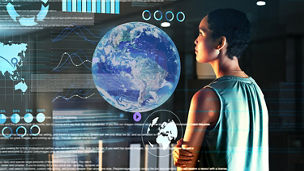 World, night and overlay with a business black woman using an ai or ux interface to access the metaverse of data. Digital, future and information with a global network working on a 3d hologram.