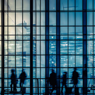 People Work At Office. Buildings Windows With Employees Working Inside. Business, Corporate Concept.