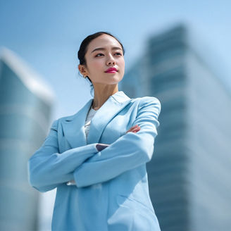 Woman with her arms crossed, wearing a blue suit