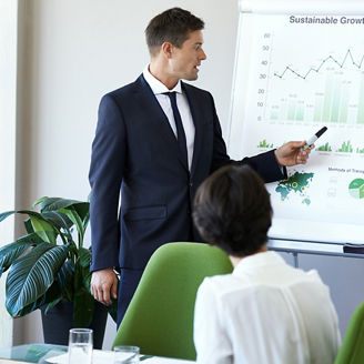 Sustainability consultant presenting sustainable growth reporting