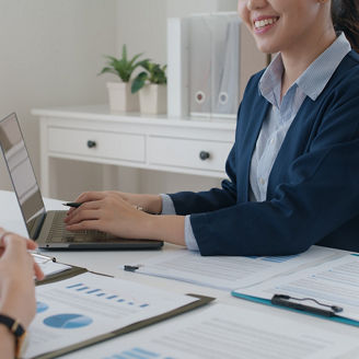 People sitting at a table with papers and typing on a laptop