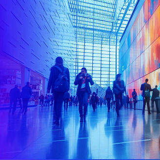 People walking through a modern indoor atrium with high glass ceilings and a large illuminated wall display