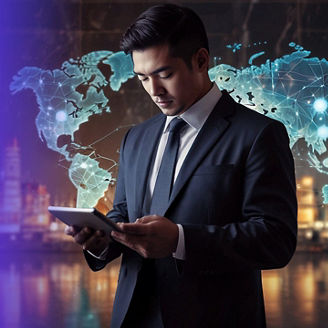 A man in a suit holding and looking at a tablet, with a translucent world map and connecting lines displayed behind them and a blurred cityscape in the background